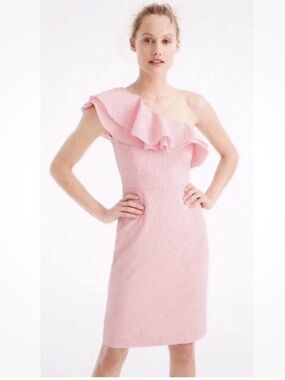 J. Crew pink and white seersucker One-Shoulder Ruffle Sheath Midi Dress. Size 8